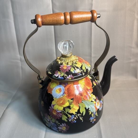 McKenzie-Child’s 2 Qt teapot Kettle Black Flowers Excellent Condition - Picture 3 of 7